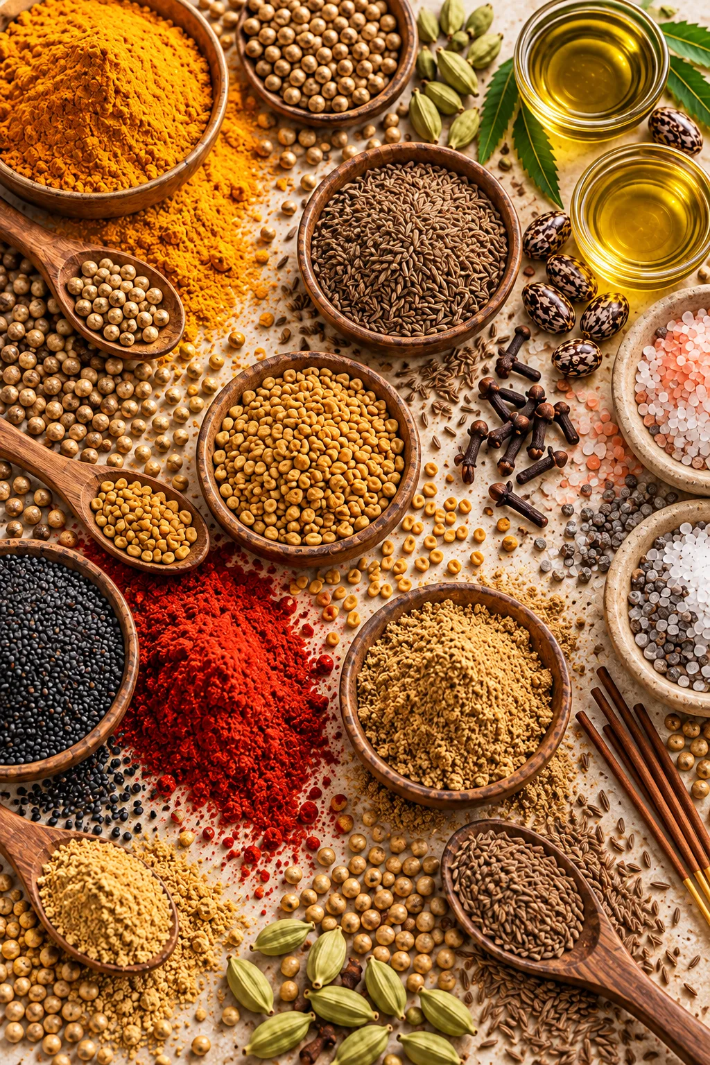 Whole spices, ground spices and seeds arranged together
