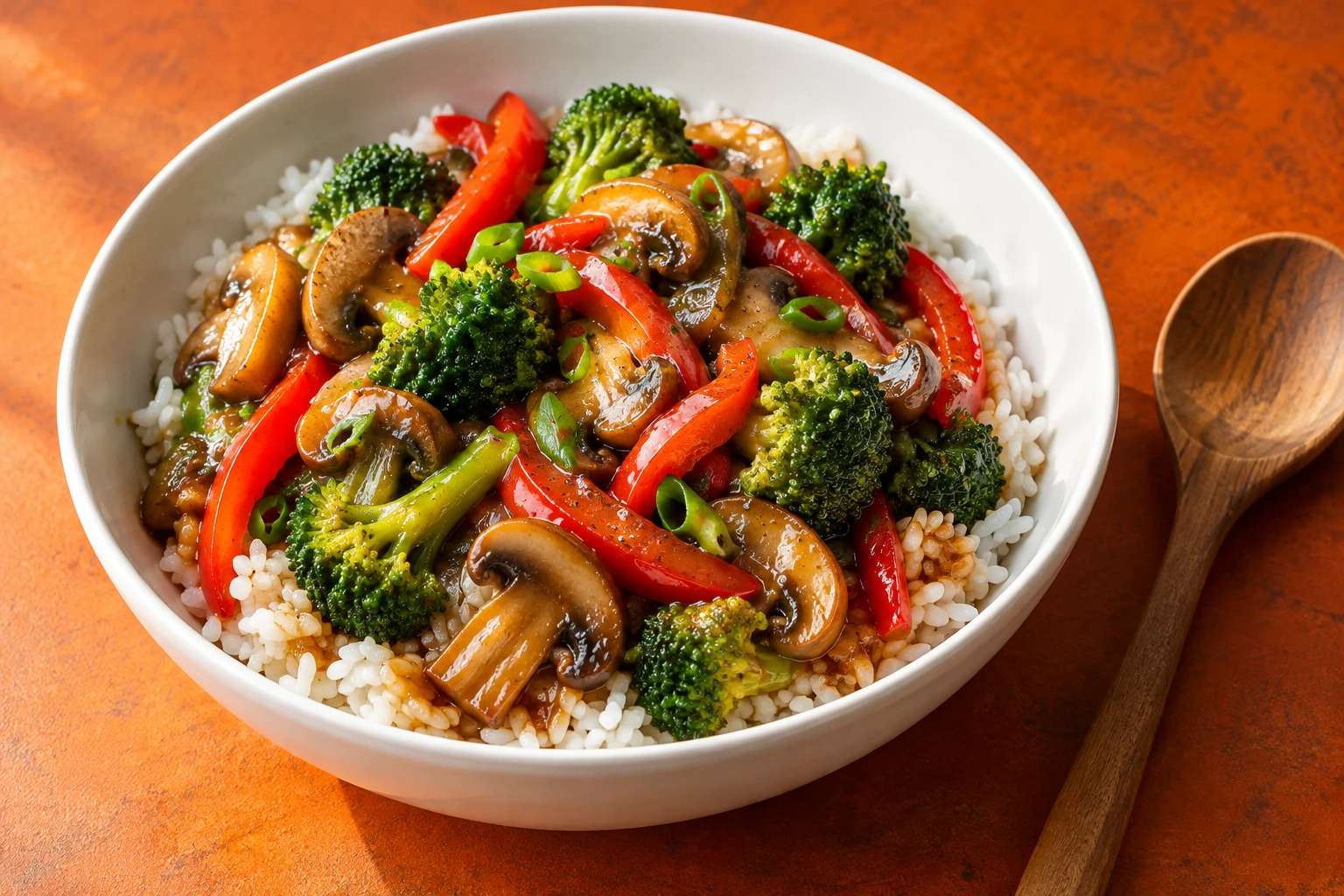 Serving inspiration: colorful vegetables in a glossy savory sauce with rice.