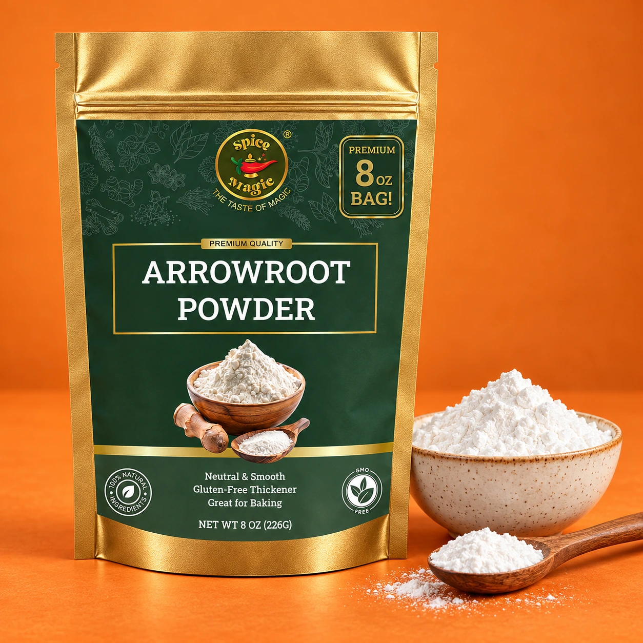 Arrowroot Powder, 8 oz Spice Magic pouch with matching ingredients