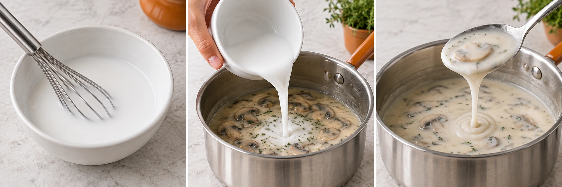 Illustrative preparation sequence: whisking a cold slurry, stirring it into a saucepan, and checking sauce consistency.