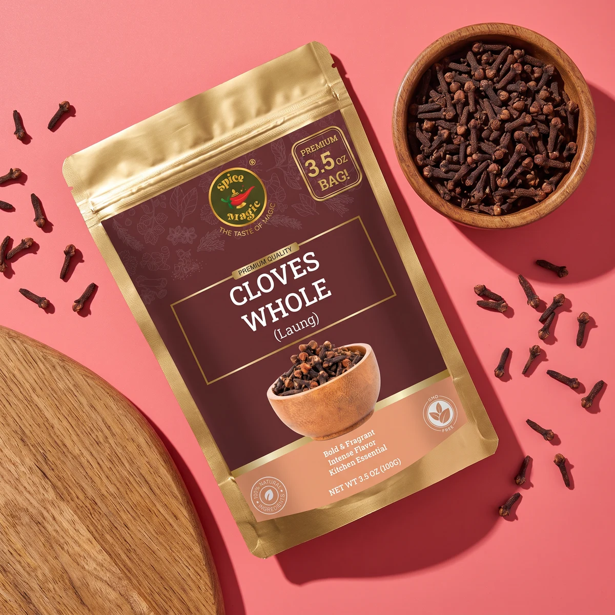 Whole Cloves pouch surrounded by its matching ingredients