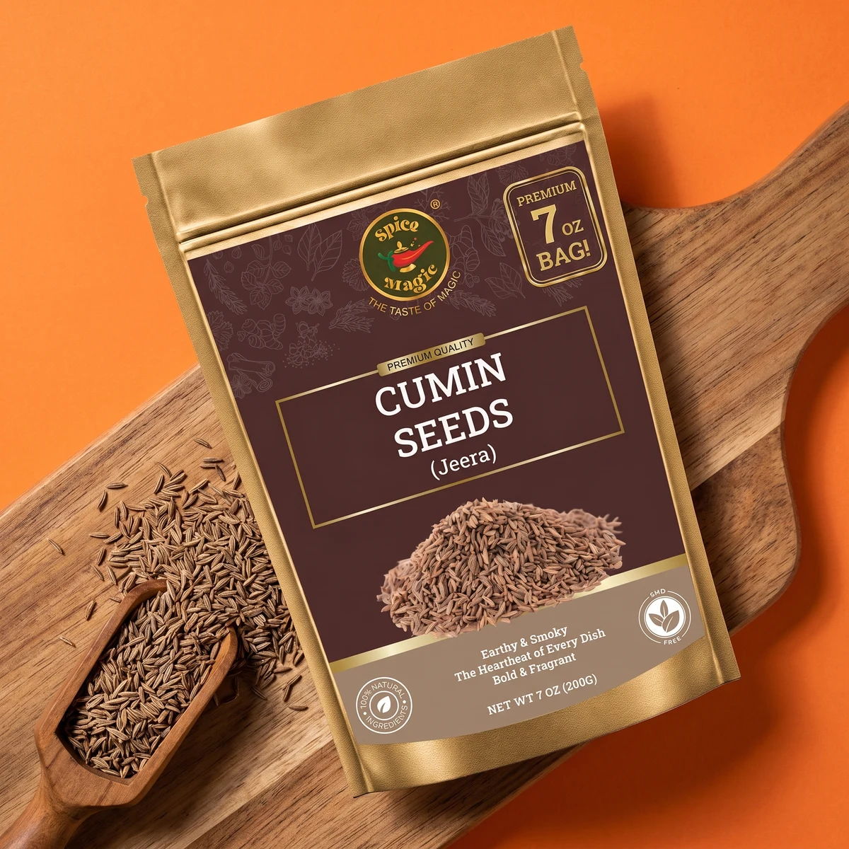 Cumin Seeds Whole (Jeera) pouch surrounded by its matching ingredients