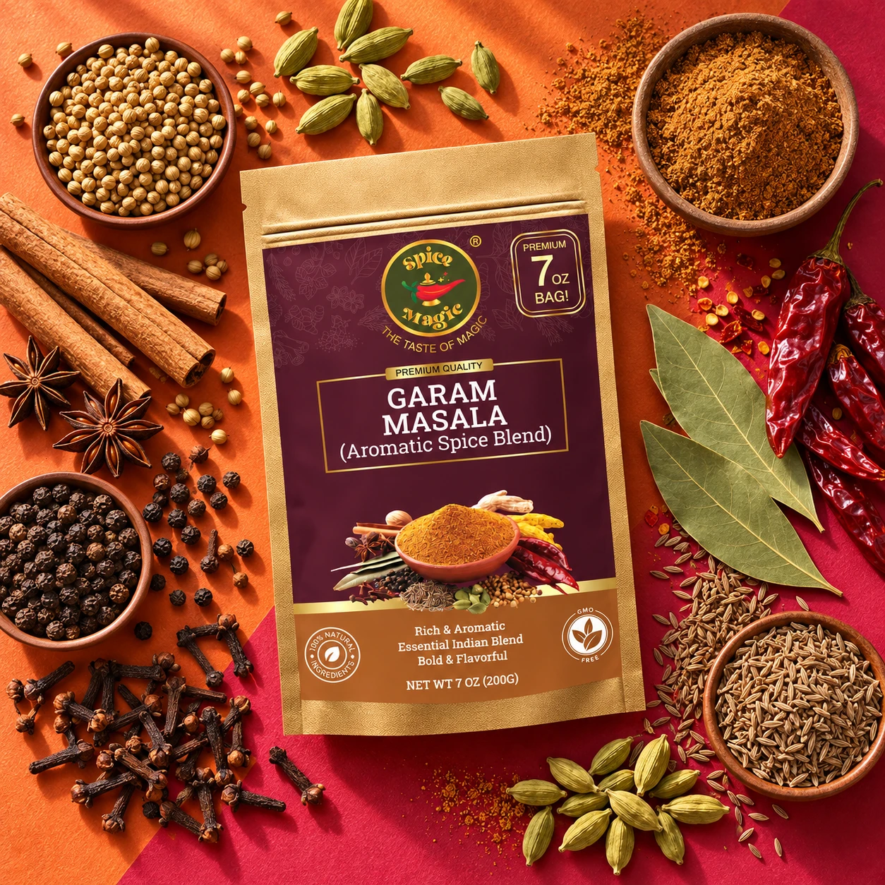 Spice Magic Garam Masala, 7 oz pouch with matching ingredients