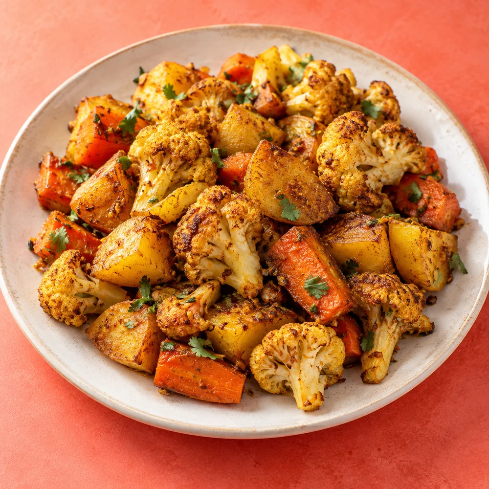 Serving inspiration: roasted cauliflower, potatoes and carrots.