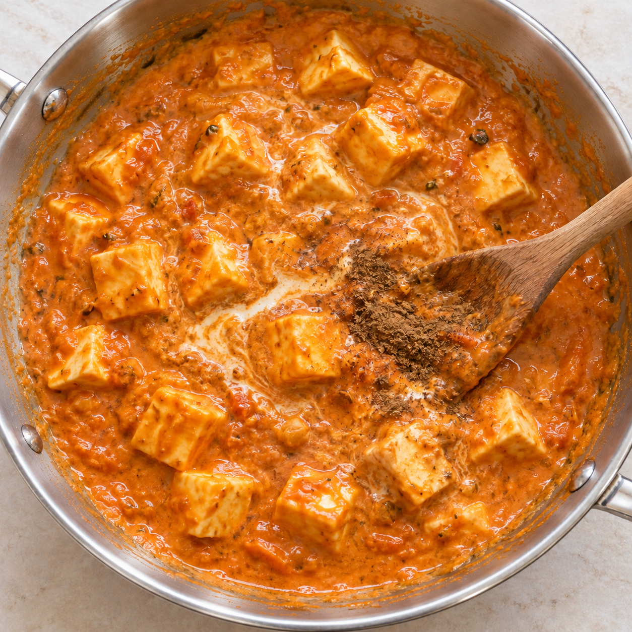 Illustration of garam masala being folded into finished creamy paneer curry