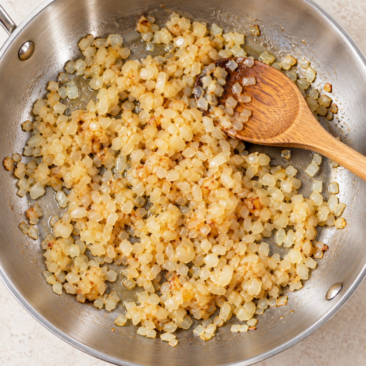 Illustration of softened lightly golden chopped onions in a skillet