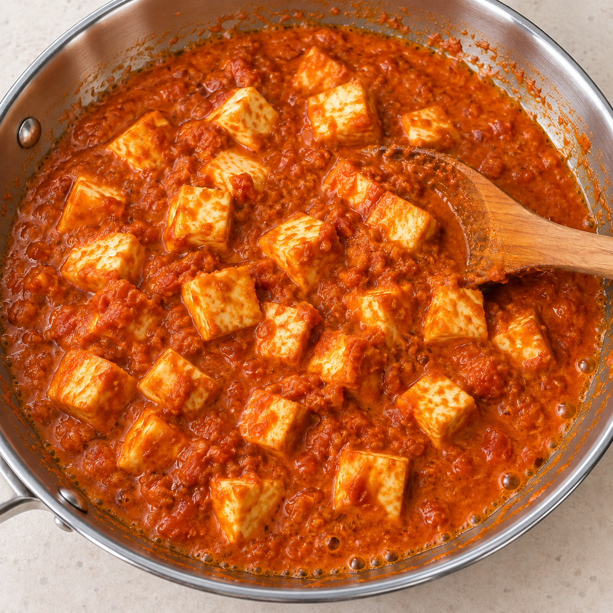 Illustration of paneer cubes folded into gently simmering tomato sauce