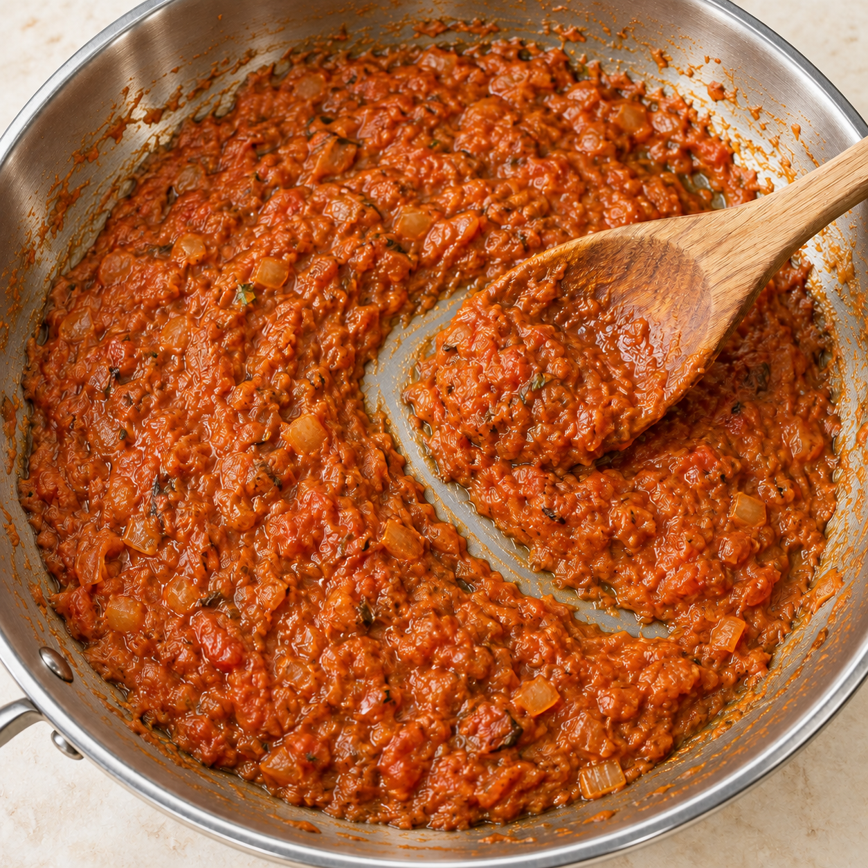 Illustration of reduced tomato sauce coating a wooden spoon