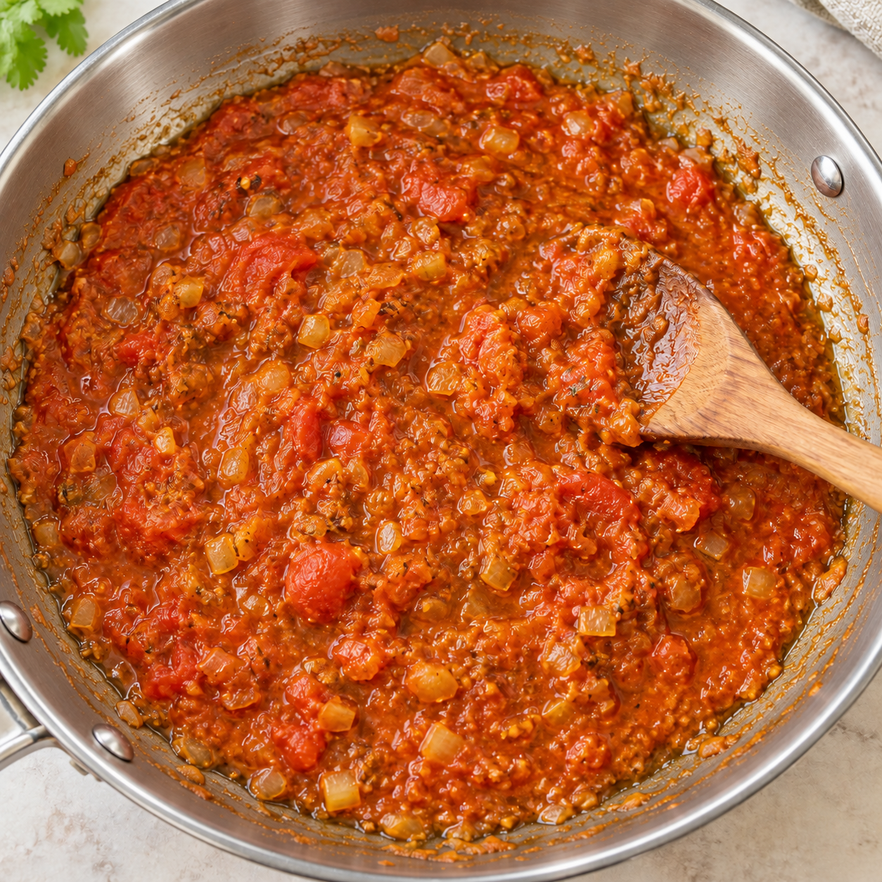 Illustration of crushed tomatoes and spices mixed into golden onions