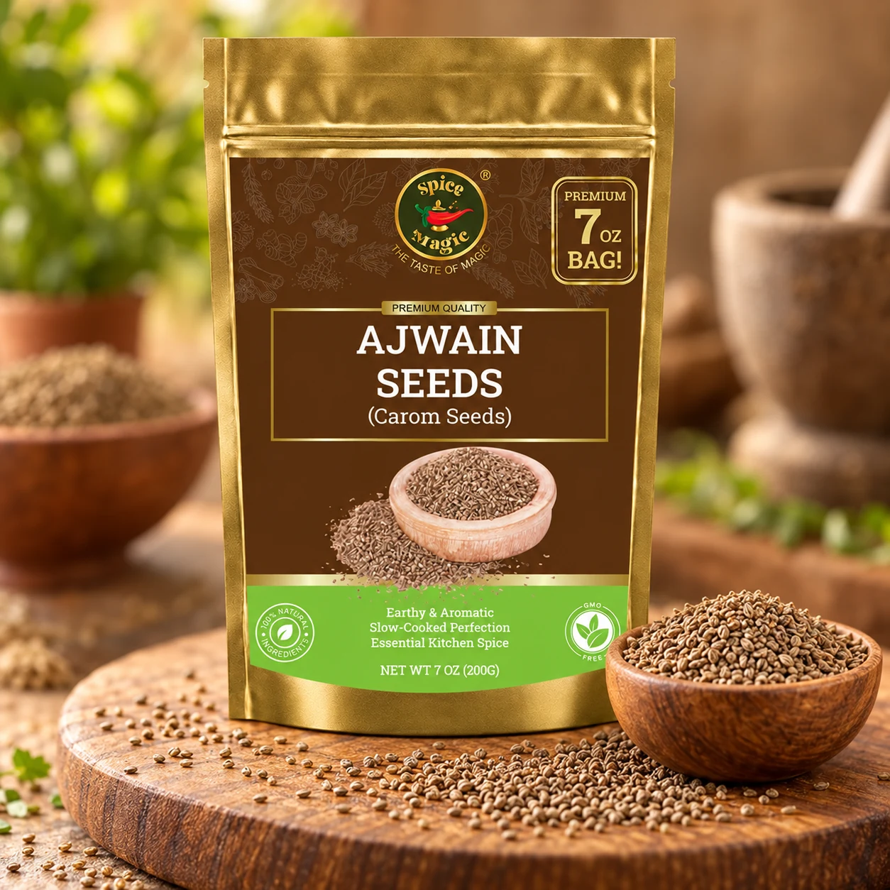 Ajwain Seeds Whole, 7 oz Spice Magic pouch with matching ingredients