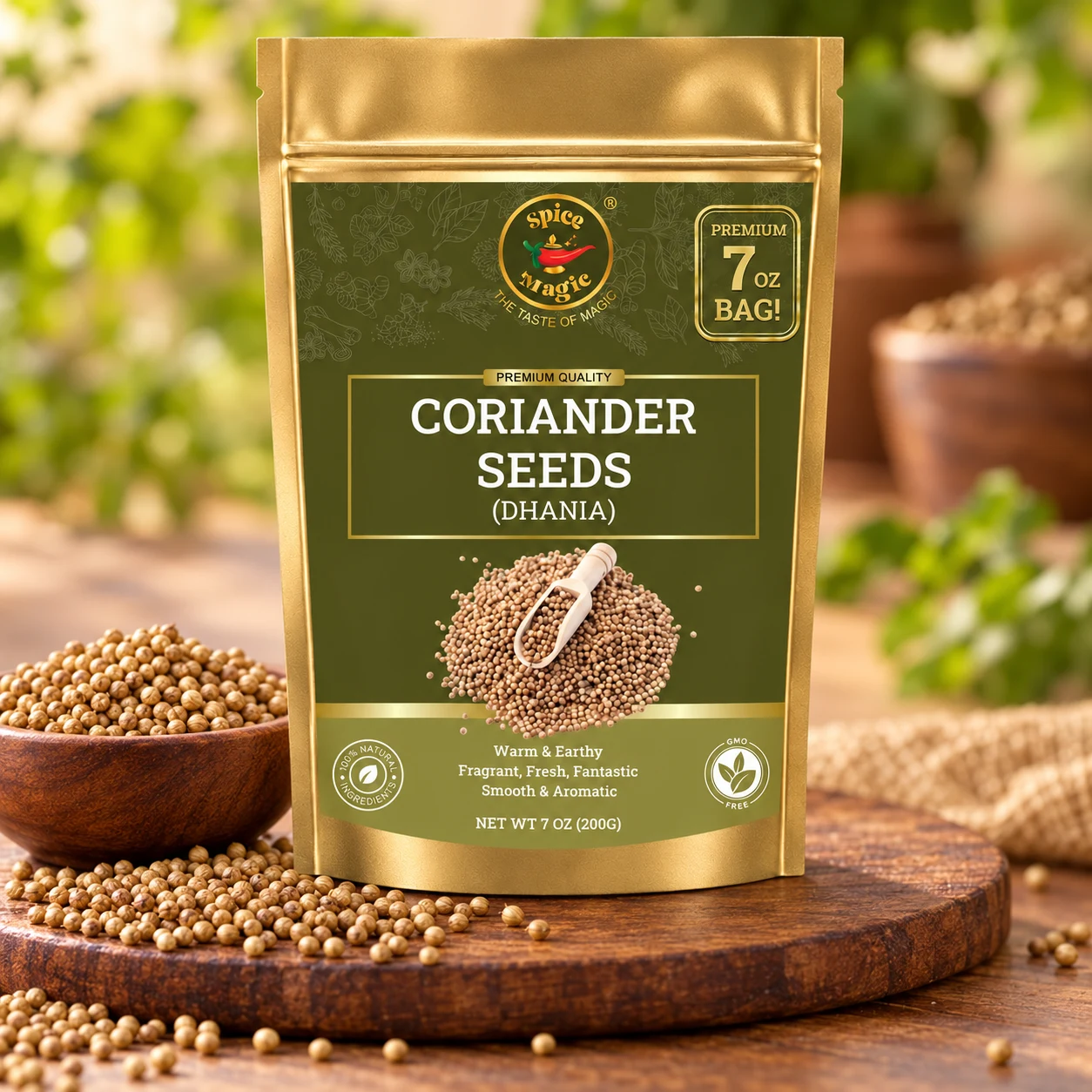 Coriander Seeds Whole, 7 oz Spice Magic pouch with matching ingredients