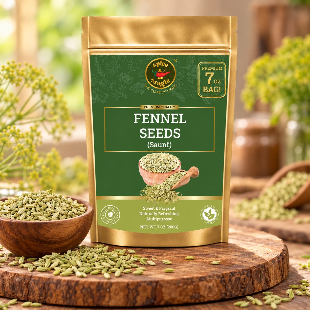 Fennel Seeds Whole, 7 oz Spice Magic pouch with matching ingredients