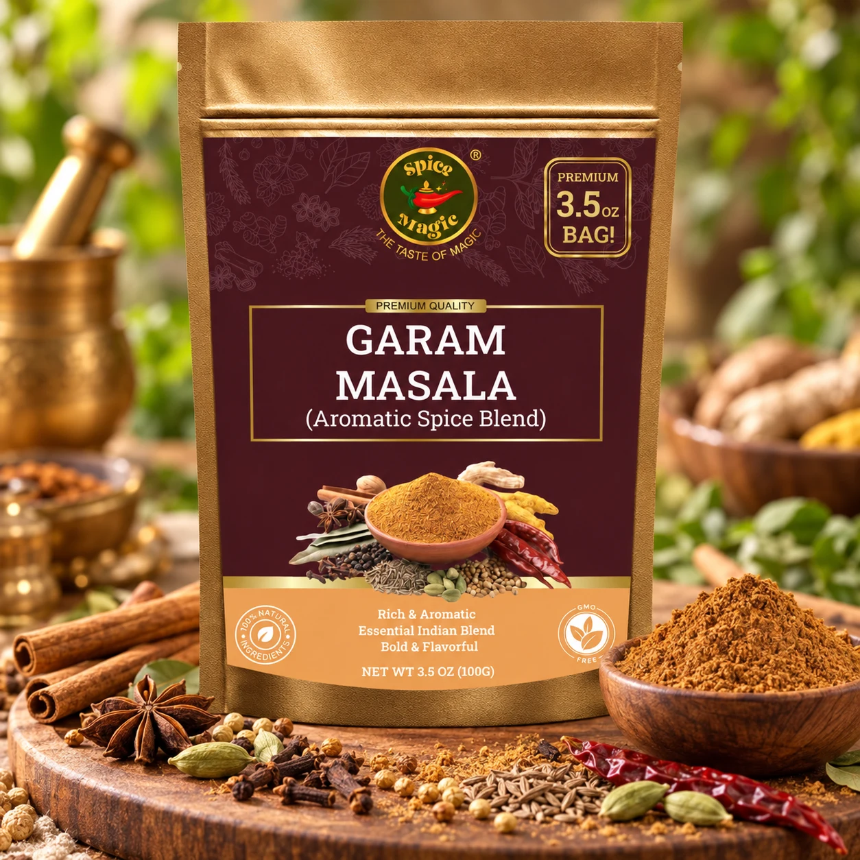 Garam Masala Powder, 3.5 oz Spice Magic pouch with matching ingredients