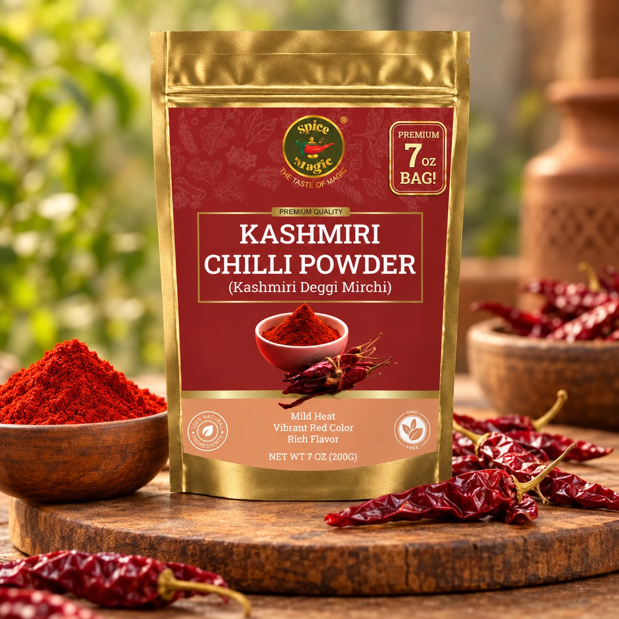 Kashmiri Chili Powder, 7 oz Spice Magic pouch with matching ingredients