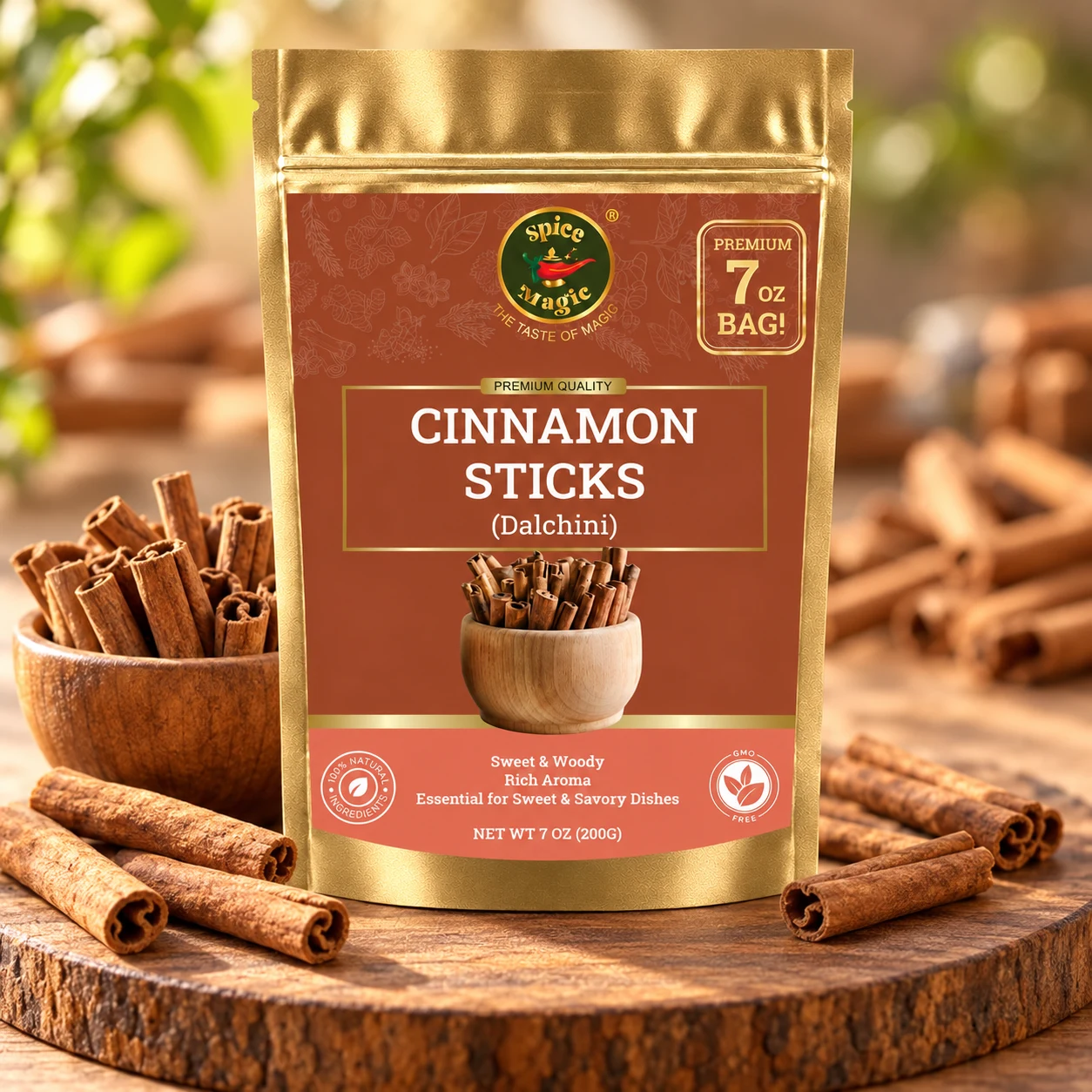 Cinnamon Sticks Whole, 7 oz Spice Magic pouch with matching ingredients