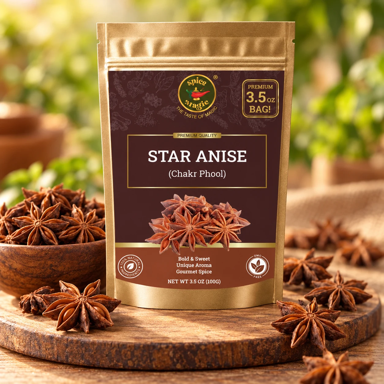 Star Anise Whole, 3.5 oz Spice Magic pouch with matching ingredients