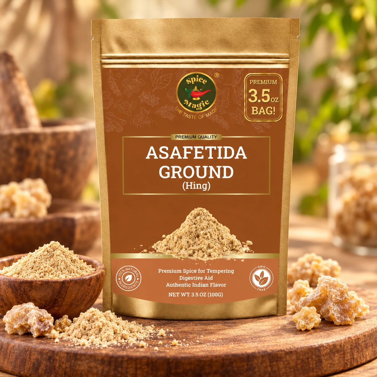 Asafoetida Ground (Hing), 3.5 oz Spice Magic pouch with matching ingredients