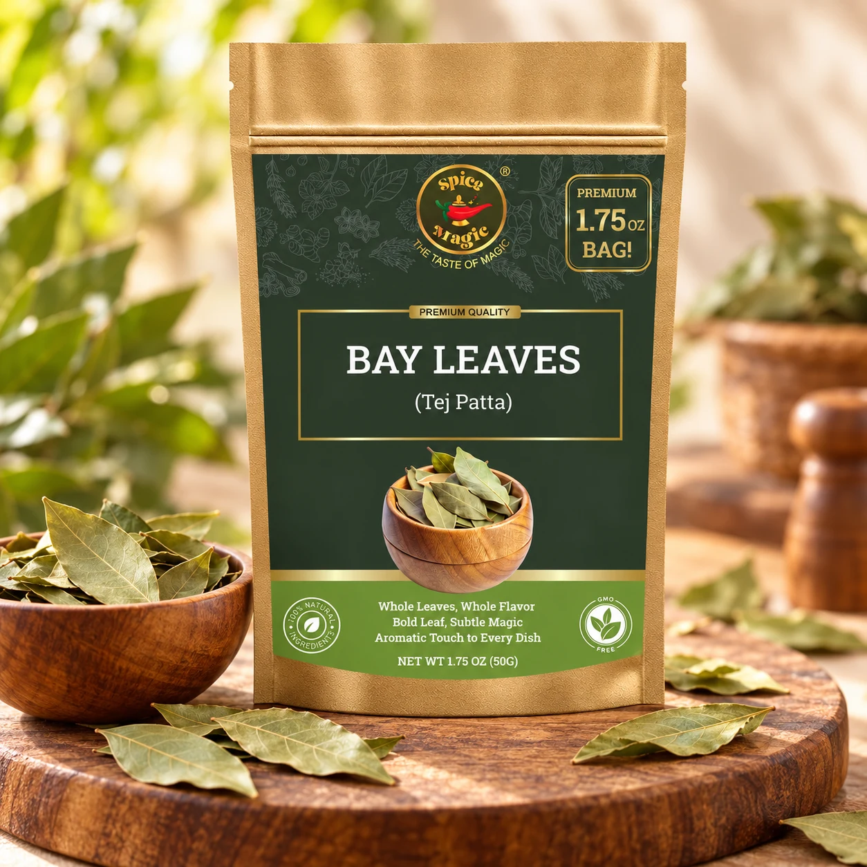 Bay Leaves Whole, 1.75 oz Spice Magic pouch with matching ingredients