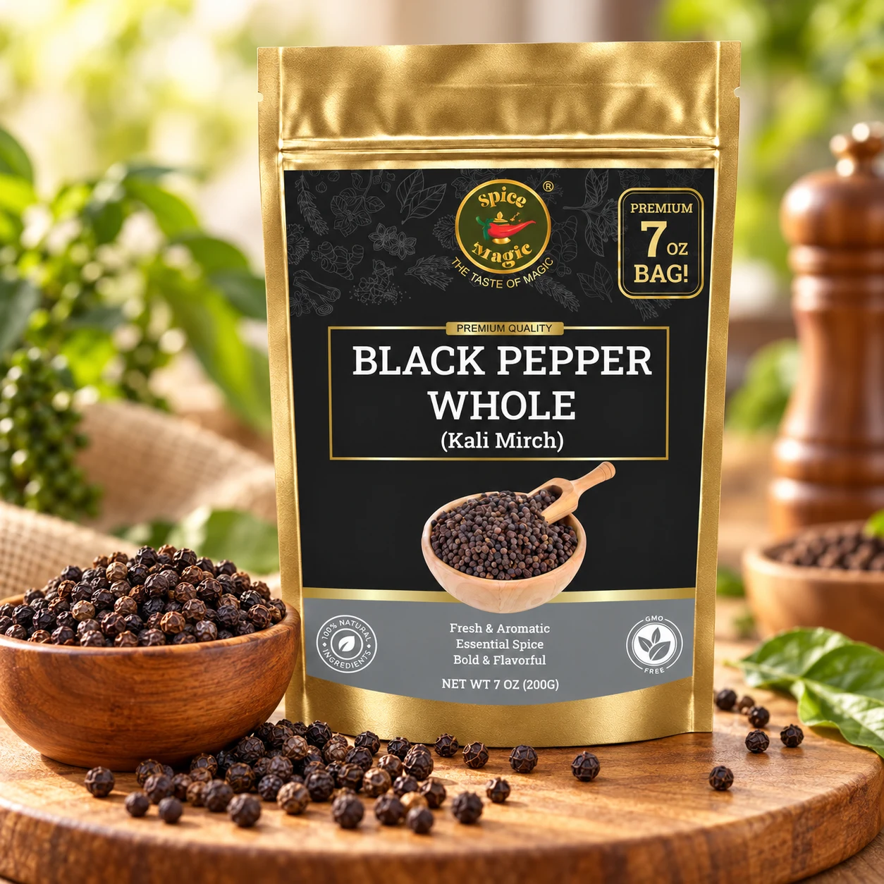 Black Tellicherry Peppercorns for Grinder, 7 oz Spice Magic pouch with matching ingredients