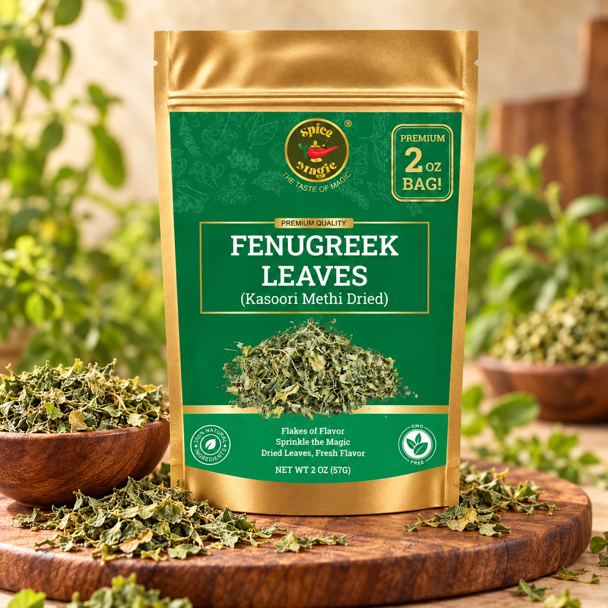 Fenugreek Leaves Dried Kasoori Methi for Curry & Dal, 2 oz Spice Magic pouch with matching ingredients