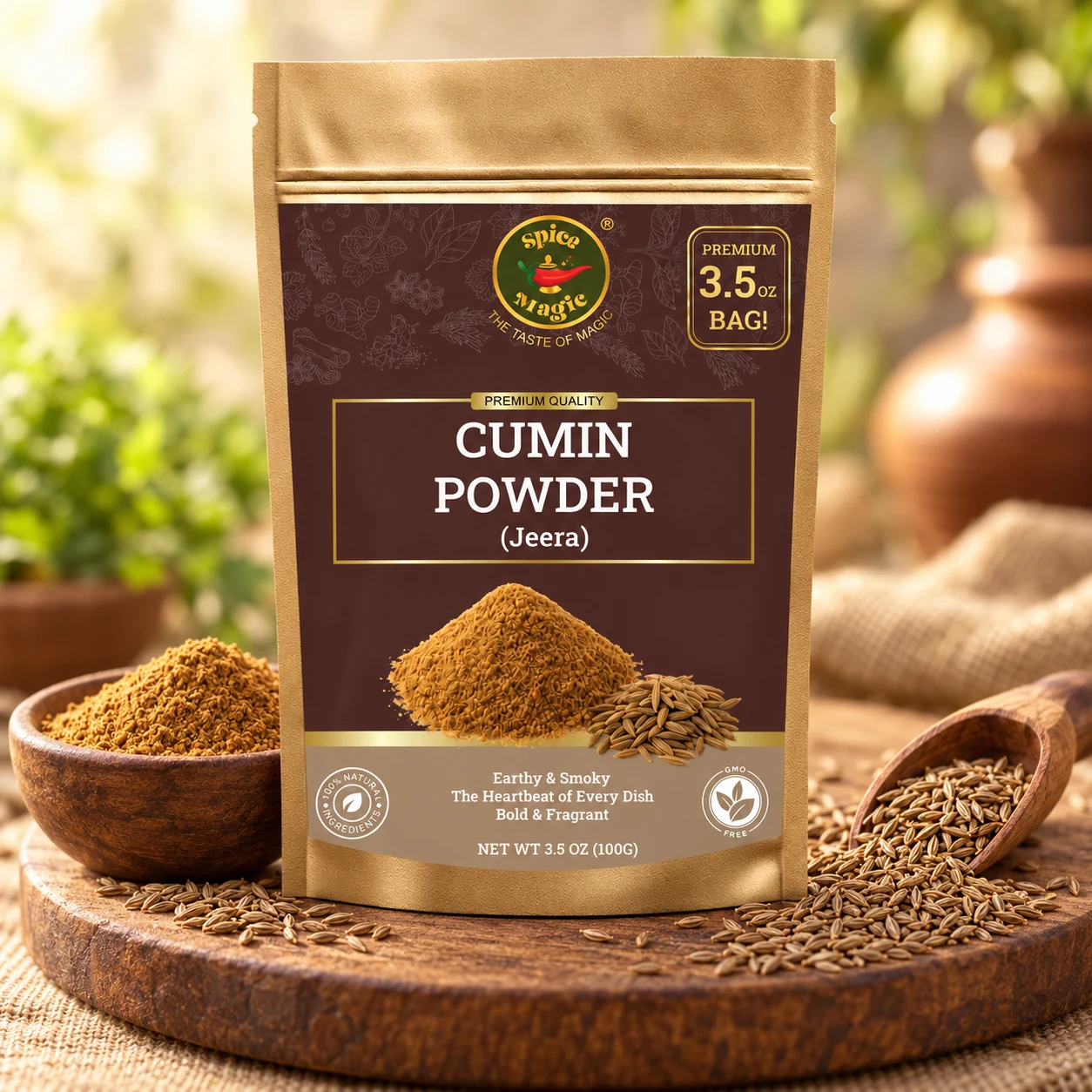 Ground Cumin Powder, 3.5 oz Spice Magic pouch with matching ingredients