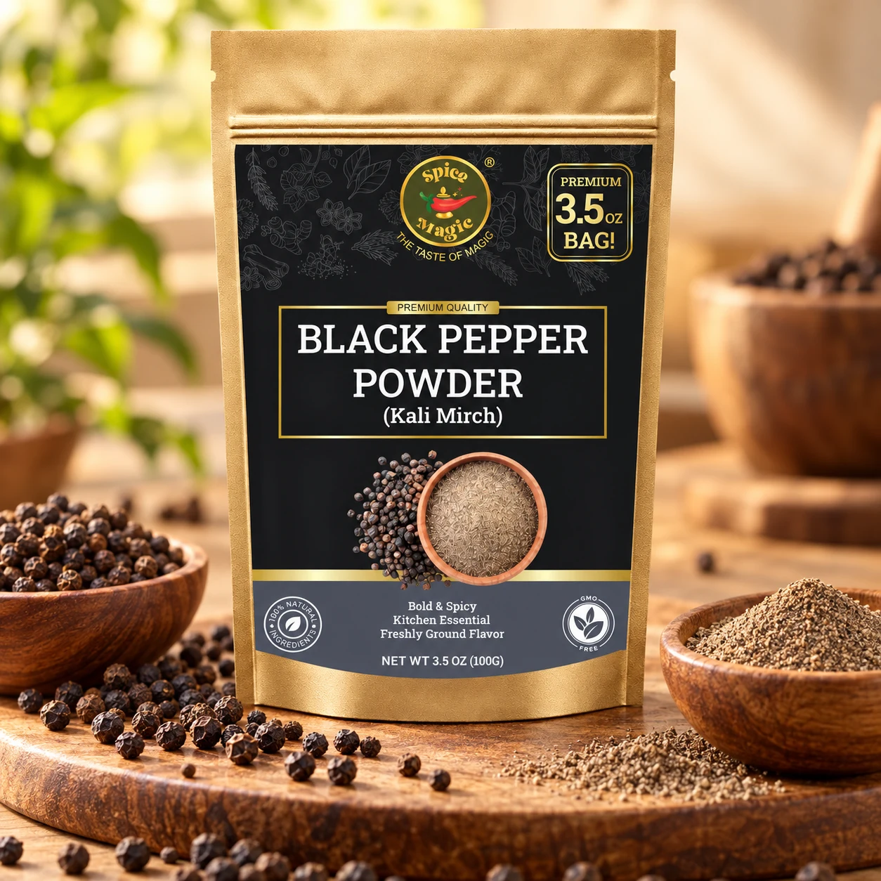 Ground Black Pepper, 3.5 oz Spice Magic pouch with matching ingredients