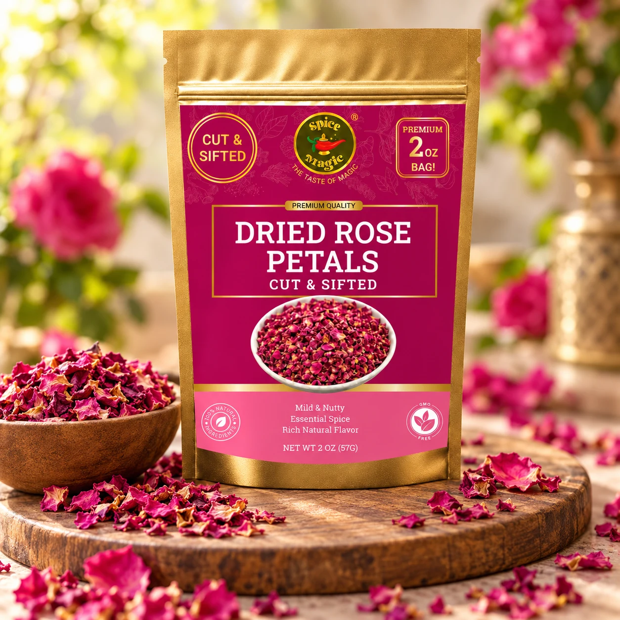 Dried Rose Petals, 2 oz Spice Magic pouch with matching ingredients