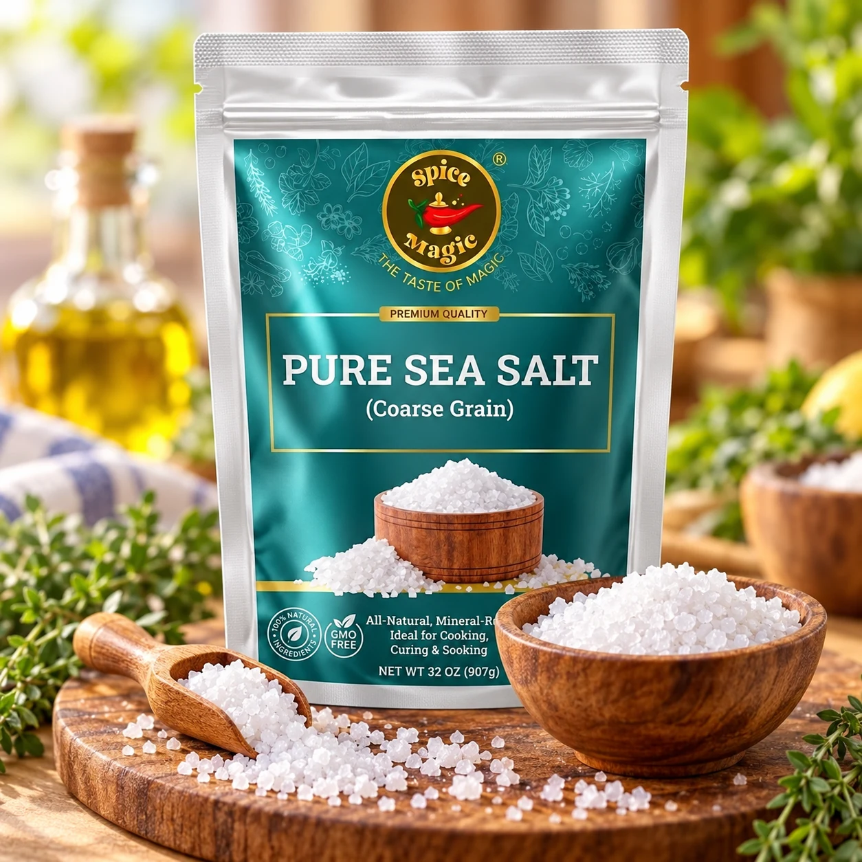 Coarse Sea Salt, 2 lb Spice Magic pouch with matching ingredients