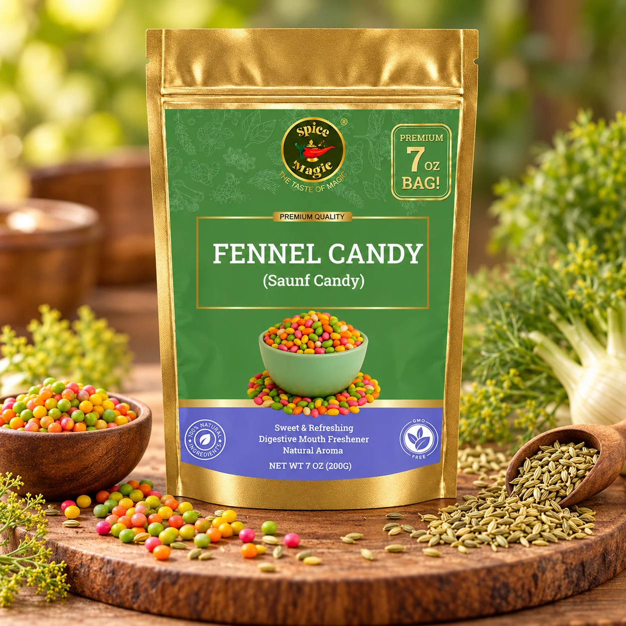Fennel Candy, 7 oz Spice Magic pouch with matching ingredients