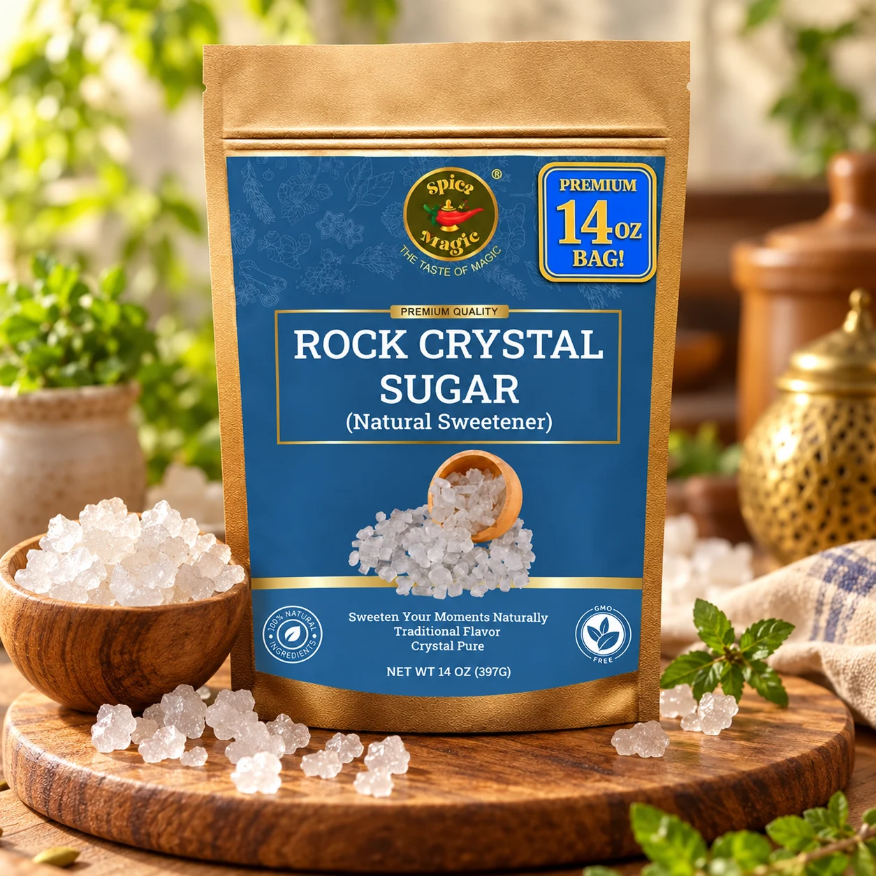 Rock Sugar Crystals, 14 oz Spice Magic pouch with matching ingredients