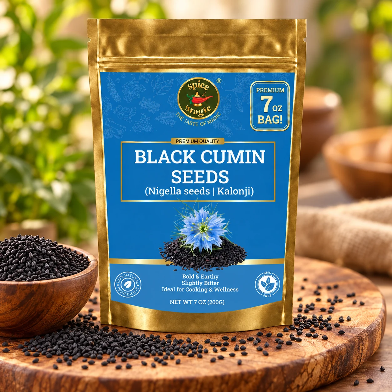 Nigella Seeds, 7 oz Spice Magic pouch with matching ingredients