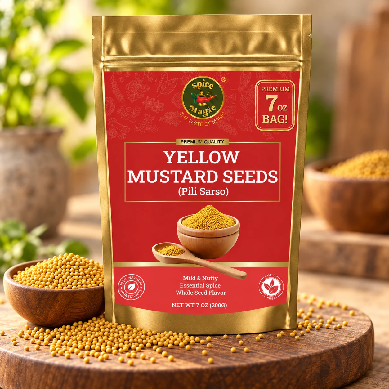 Yellow Mustard Seeds Whole, 7 oz Spice Magic pouch with matching ingredients