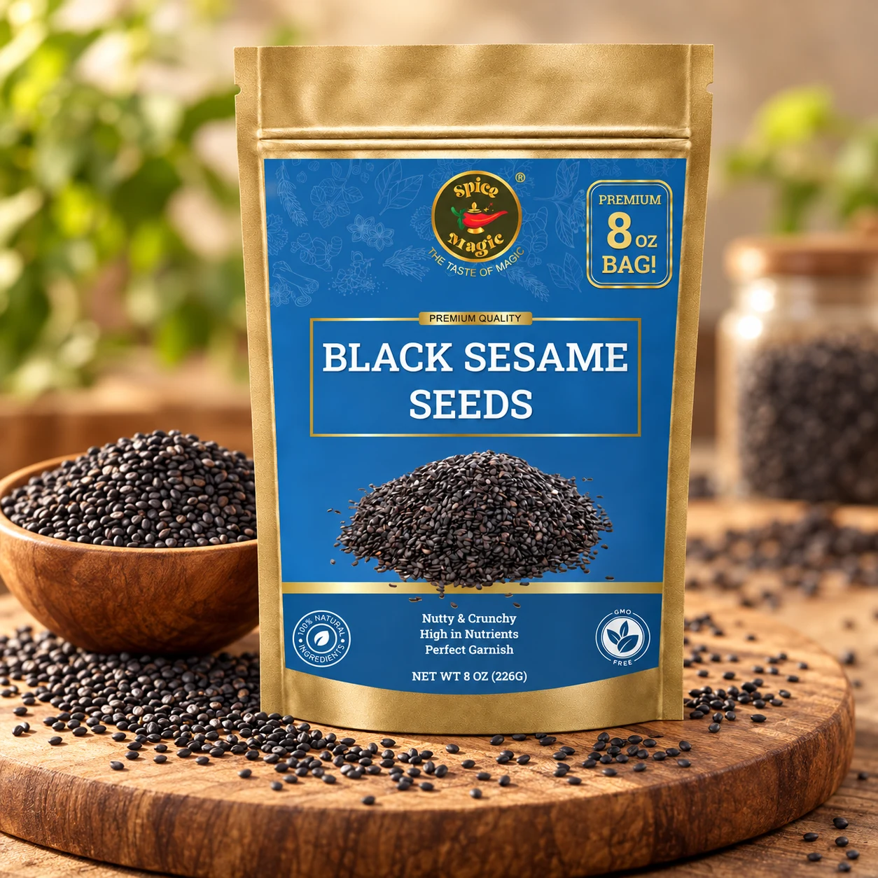 Black Sesame Seeds, 8 oz Spice Magic pouch with matching ingredients