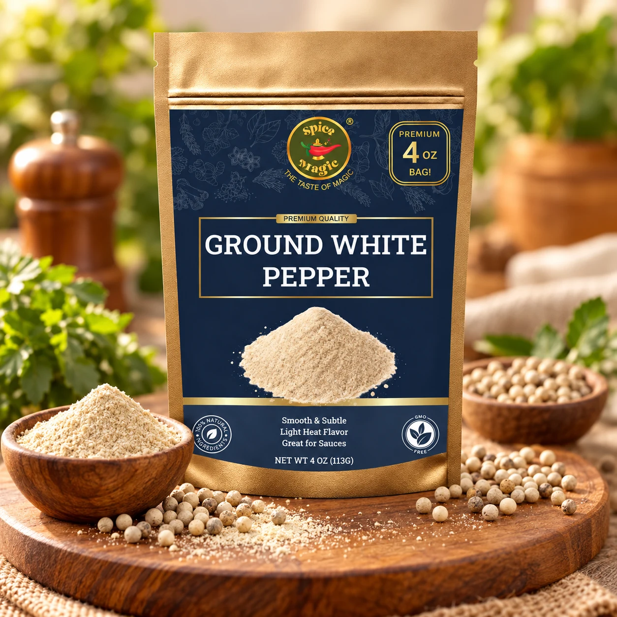 Ground White Pepper pouch with matching ingredients