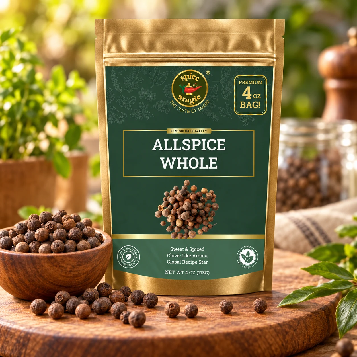Allspice Berries Whole, 4 oz Spice Magic pouch with matching ingredients