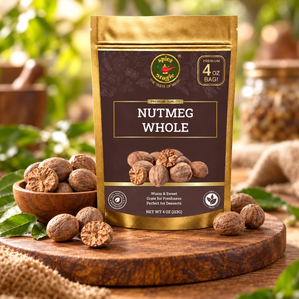 Nutmeg Whole, 4 oz Spice Magic pouch with matching ingredients