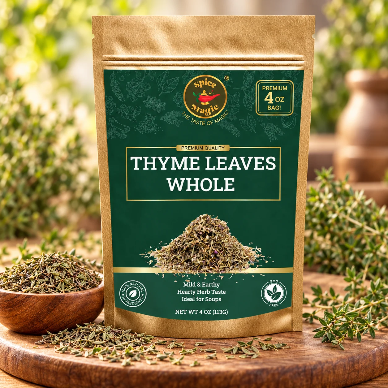Thyme Leaves, 4 oz Spice Magic pouch with matching ingredients