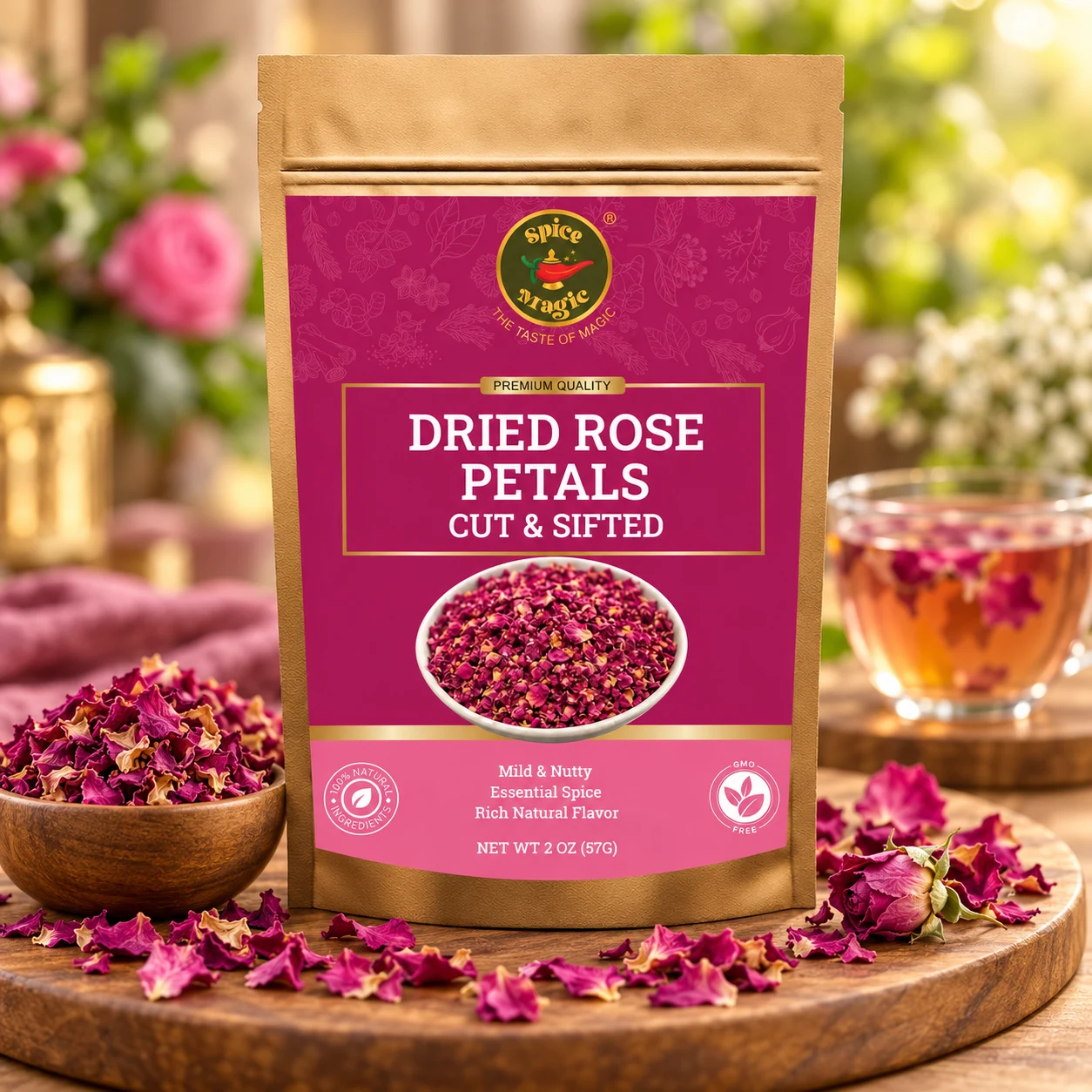 Dried Rose Petals - Cut & Sifted, 2 oz Spice Magic pouch with matching ingredients