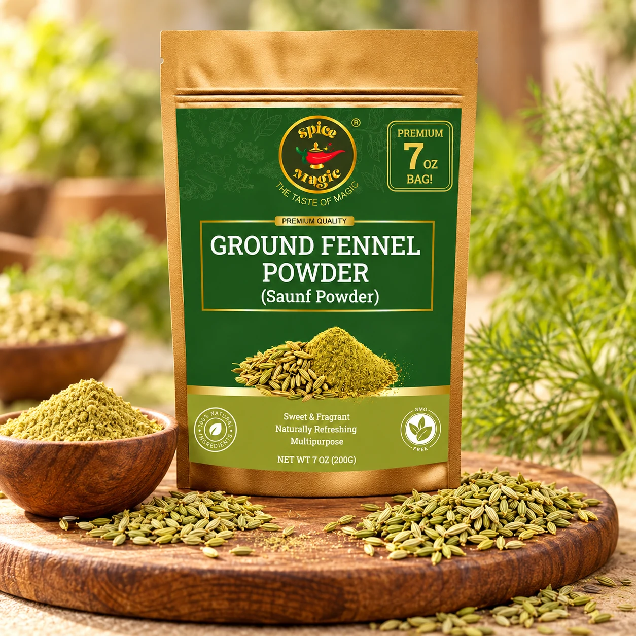 Fennel Powder pouch with matching ingredients