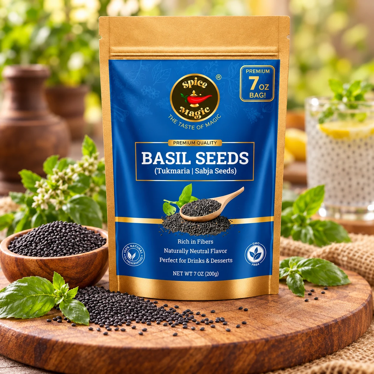 Edible Basil Seeds, 7 oz Spice Magic pouch with matching ingredients