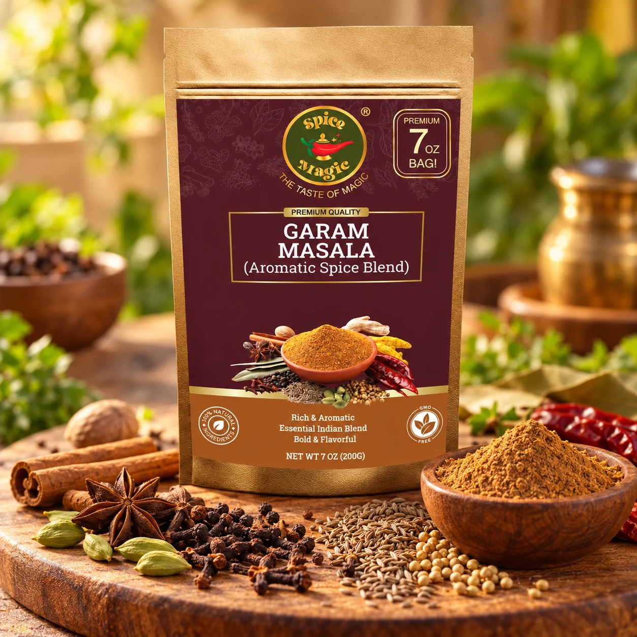 Garam Masala Powder, 7 oz Spice Magic pouch with matching ingredients
