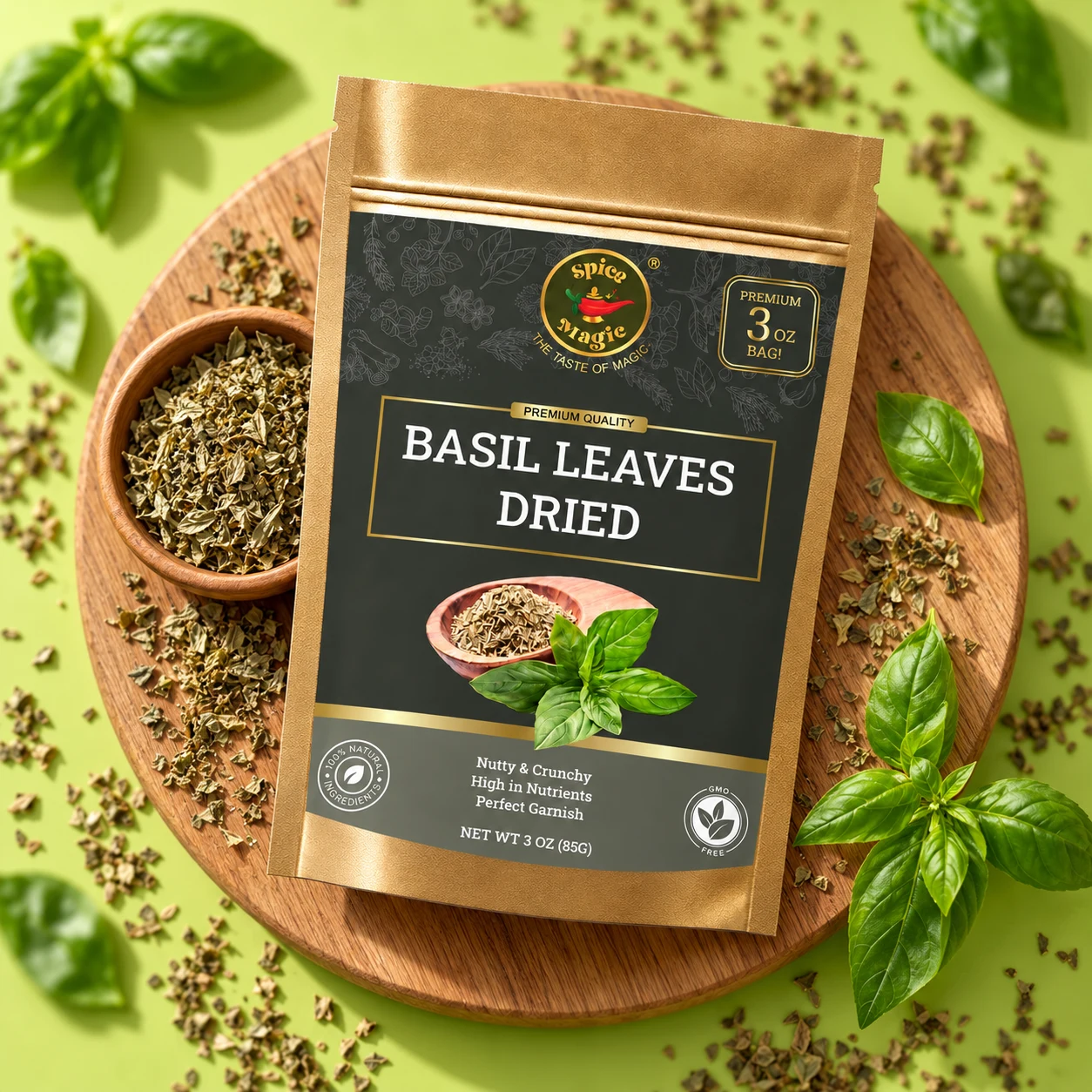 Dried Basil Leaves Seasoning, 3 oz Spice Magic pouch with matching ingredients