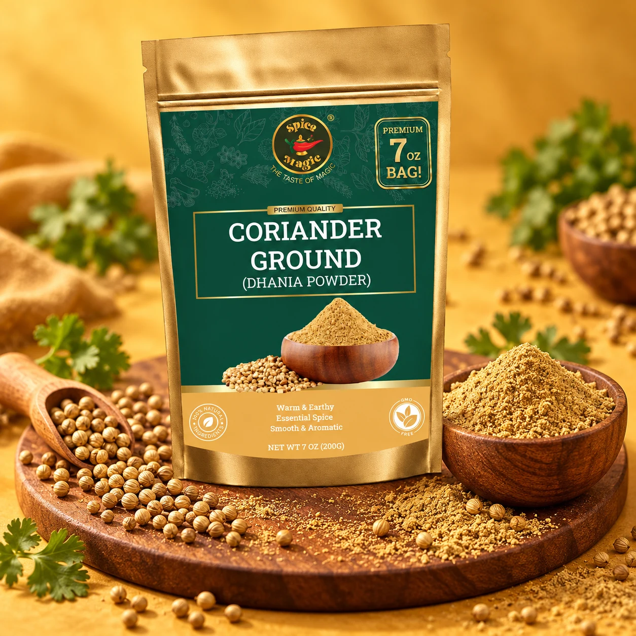 Coriander Ground, 7 oz Spice Magic pouch with matching ingredients