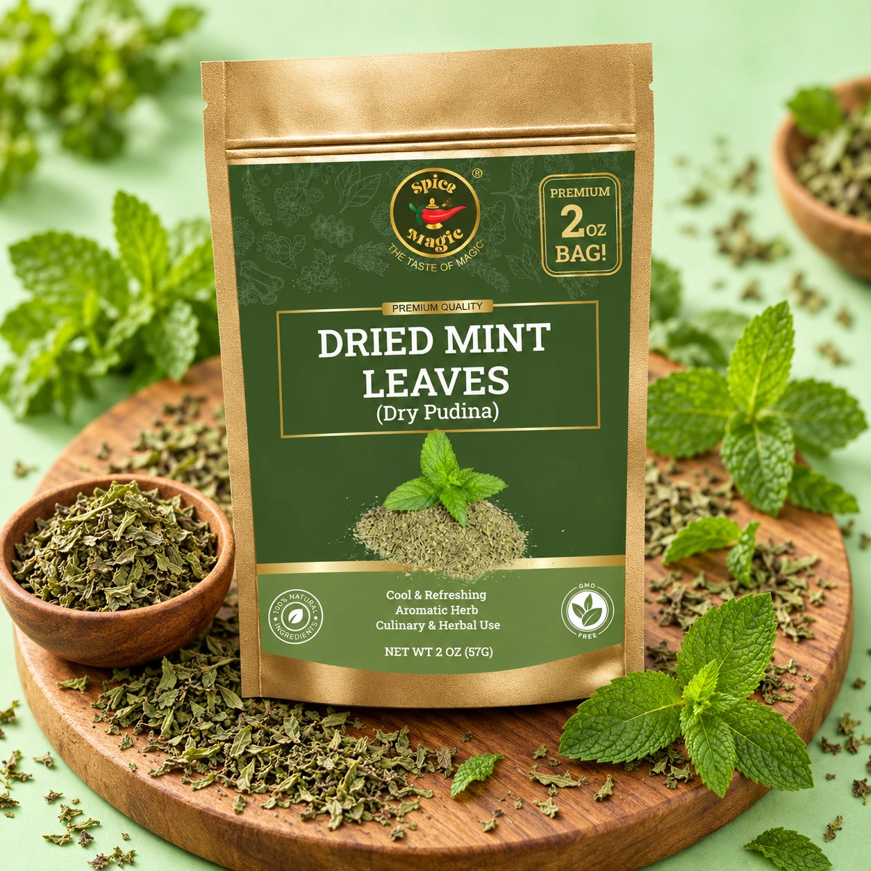Dried Mint Leaves, 2 oz Spice Magic pouch with matching ingredients