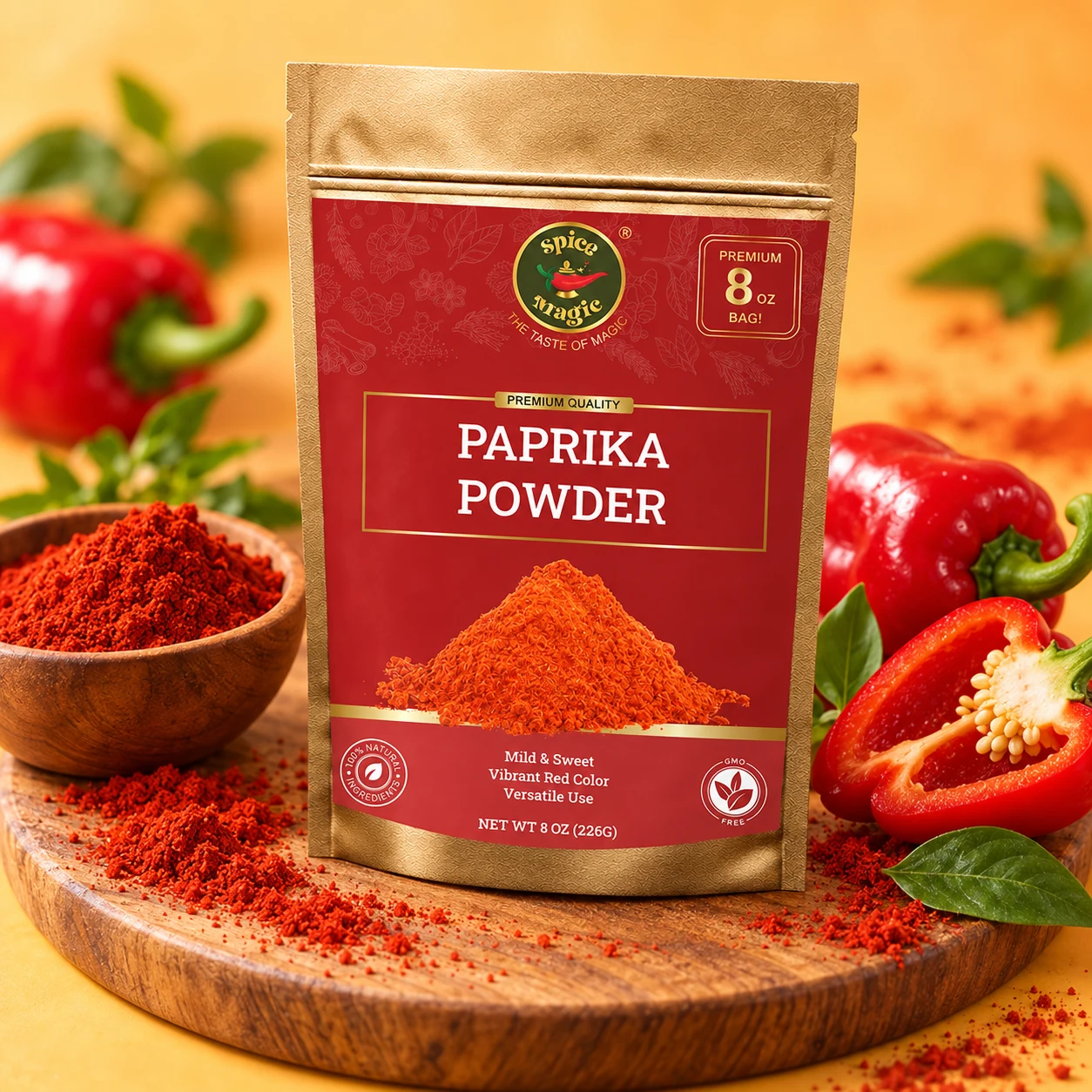 Sweet Paprika Powder, 8 oz Spice Magic pouch with matching ingredients